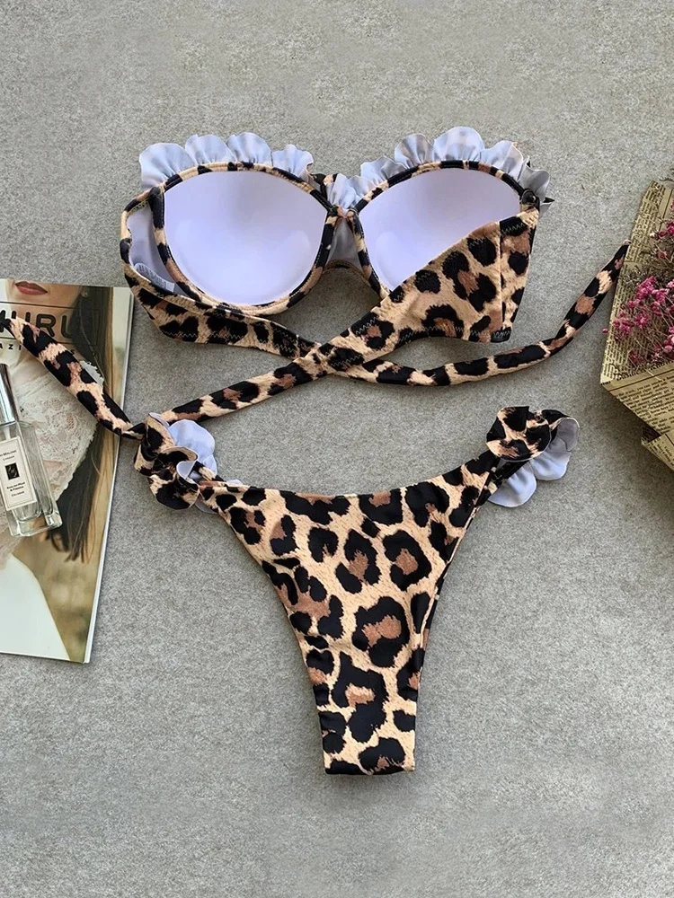 Costume da bagno donna bikini 2025 Nuovo bikini in pizzo a fascia leopardato Set costume da bagno sexy perizoma estivo costume da bagno da spiaggia a due pezzi femminile