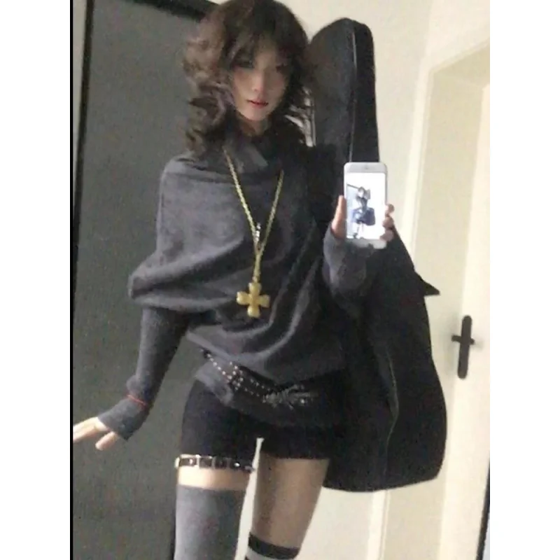 2000s Korean Fashion Slim Batwing Sleeve Autumn Sweaters Y2k Pure Color Subculture Casual Long Sleeve Pullovers Sweaters Chic