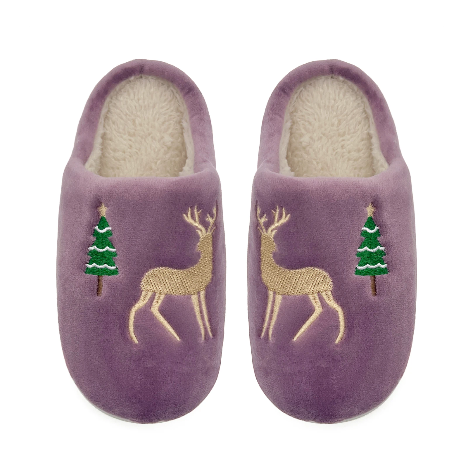 Kids Winter Christmas House Slippers, Reindeer & Tree Embroidery, Warm Plush Slip-on Non-slip Indoor Shoes for Boys & Girls