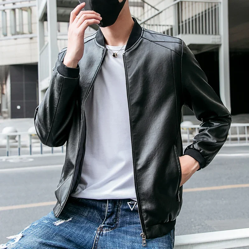 

New Men's Faux Leather Jacket Spring and Autumn Korean Windproof PU Leather Coat Classic Solid Color Motorcycle Baseball Jackets