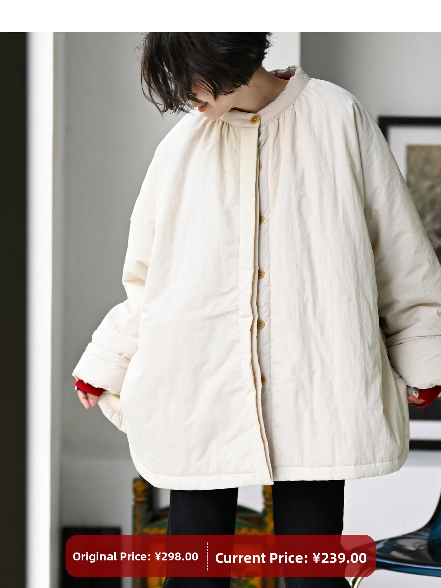 

Sweet Pleated round Ne Cotton Jaet Women's Winter Loose Fit Cotton Coat Milan Declaration Casual Japanese Sle