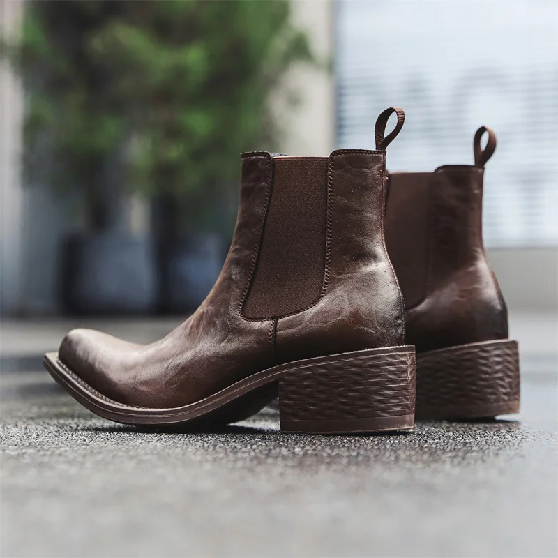 big size mens fashion hip hop rock high chelsea boots black brown pointed toe shoes cowboy genuine leather boot motorcycle botas - view 4