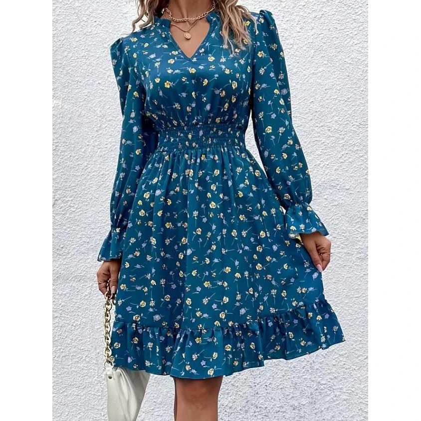 Herfst Winter Bloemenprint Lange Sve Dames Dr Taille Cinched Ele Fairy T Sle Riding Geschikt Maxi Dr