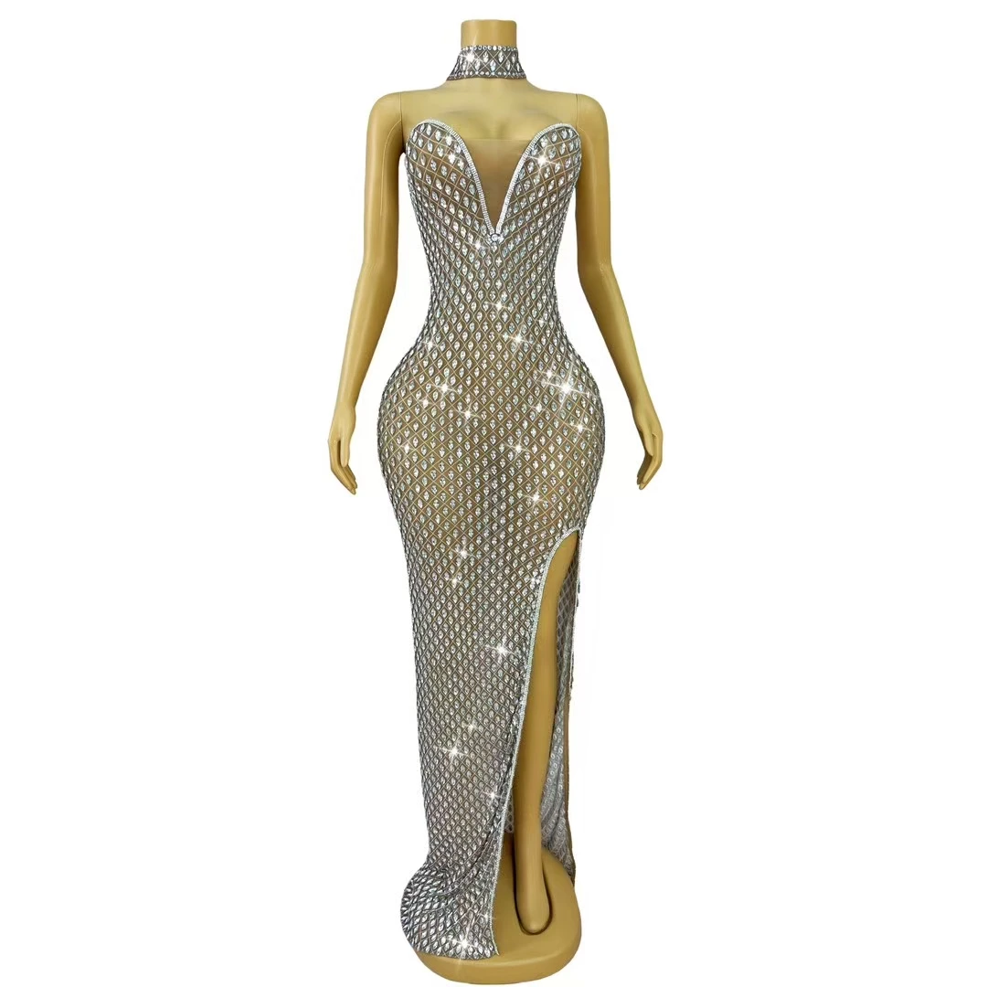 New Strapless Sparkly Rhinestone Slit High-end Long Dress Sexy Women Birthday Party Dances Nightclub Floor-length Dress Manmayan