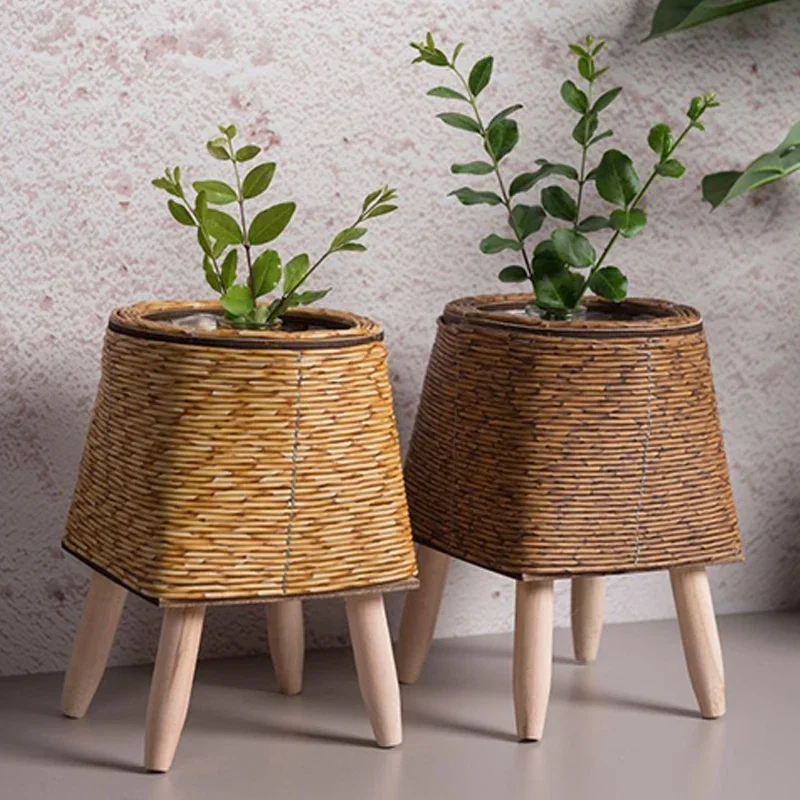 Cesta De Armazenamento Artesanal com Pernas De Madeira Removíveis, Imitação Do Vintage, Tecido De Rattan, Prateleira De Flores, Plantadores, Panela,