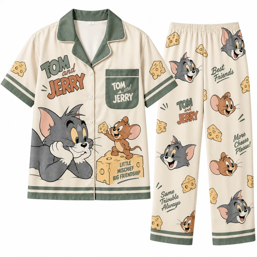 Tom and Jerry Home Pajama Set Cartoon Casual Home Clothes Unisex pajamas Leisure Men's T-Shirt Kid's Clothing Tee Y2k Woman ﻿