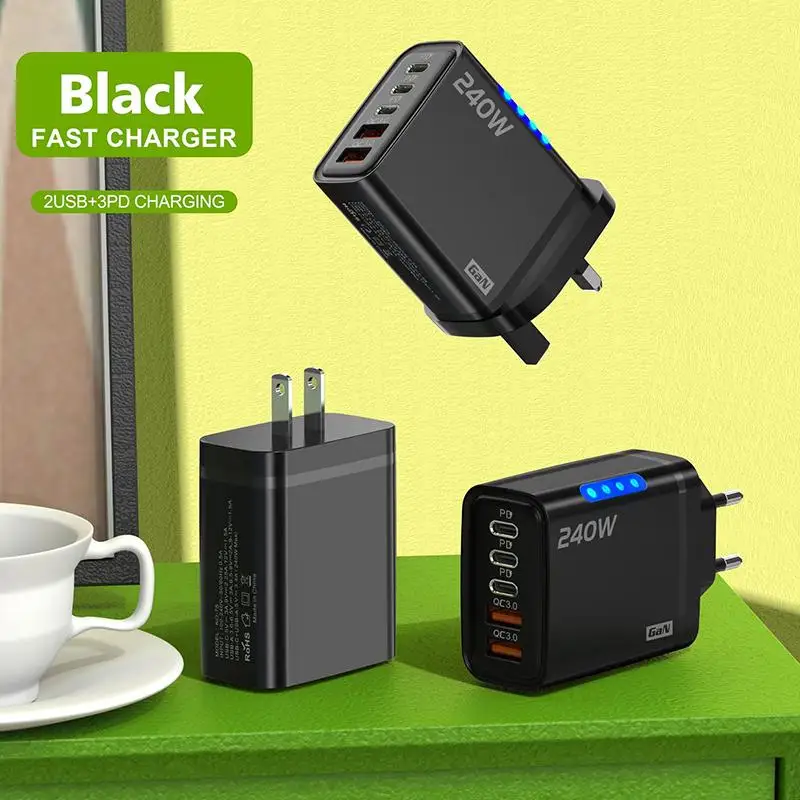 240W GaN USB C 5-Port Fast Charger PD QC3.0 Quick Charging Adapter Energy Saving for Phone Laptop Travel Daily Use