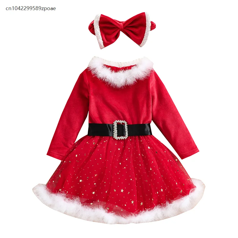 

Children's Girls Santa Claus Red Long Sleeve Star Mesh Princess Dress Cosplay Christmas Holiday Party Performance Costume 2025