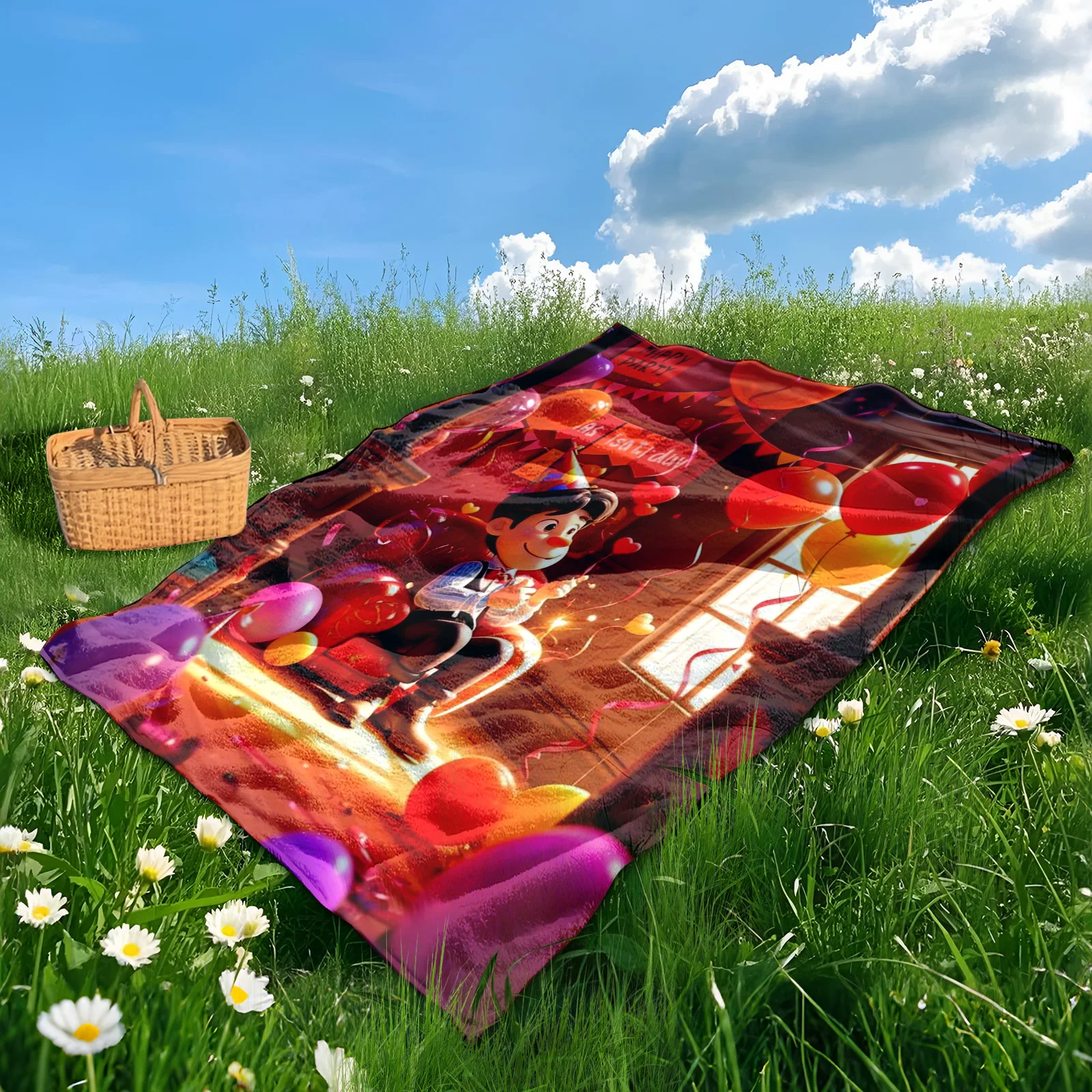 Cartoon Character Red Party Theme Outdoor Blanket For Camping Picnic And Nature Adventures With