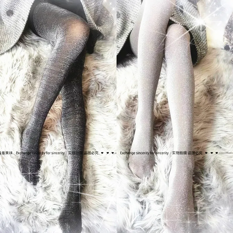 

30d Pearlescent Fine Glittering Silver Silk Sexy Silk Stockings Show Thin Vertical Strip Super Shiny Black Socks Women Tights