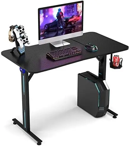 

Gaming Desk, T-Shaped Computer Desk w/Game Controller Stand, Cup Holder and LED Light, Ergonomic Home Office Game Station with C