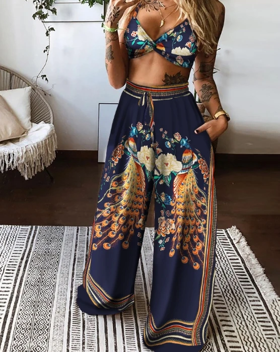 Hot Selling 2024 Pants Set for Women Casual Style Sleeveless V-Neck Two Piece Set of Printed Twisted Wide Leg Pants Daily