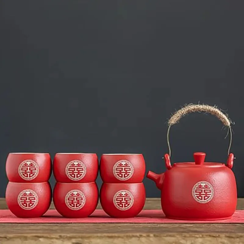 

Chinese Style Ceramic Filter Tea Pot Set, Household Tea Pot and Cup Set, Red Teaware Gifts, Wedding, A Pot of Eight Cups