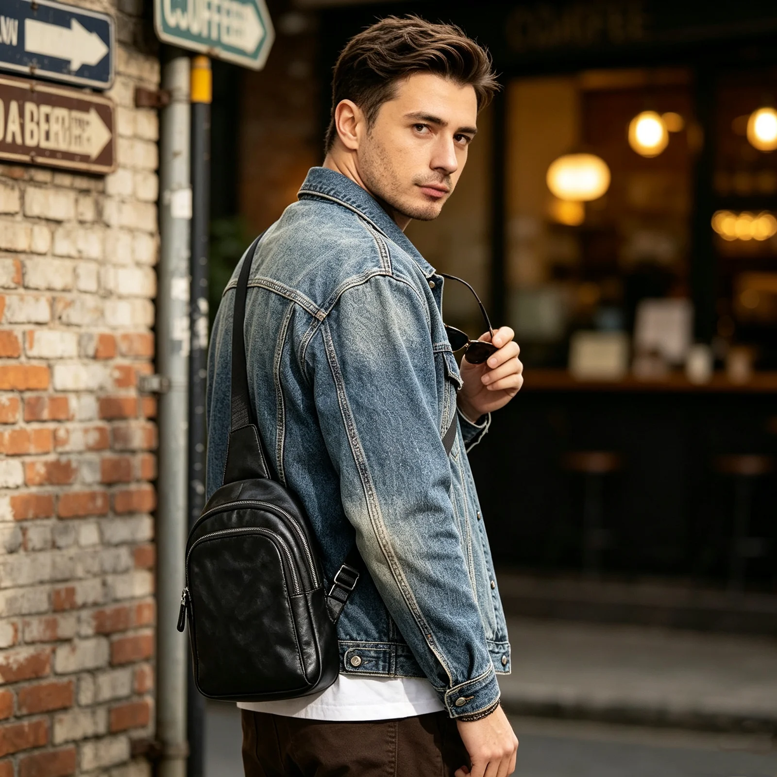 Echte Leder-Brusttasche für Herren, Casual-Umhängetasche aus Rindsleder, Modische Handyhülle, Pflanzlich gegerbtes Leder, Mini-Modell – Detail 6