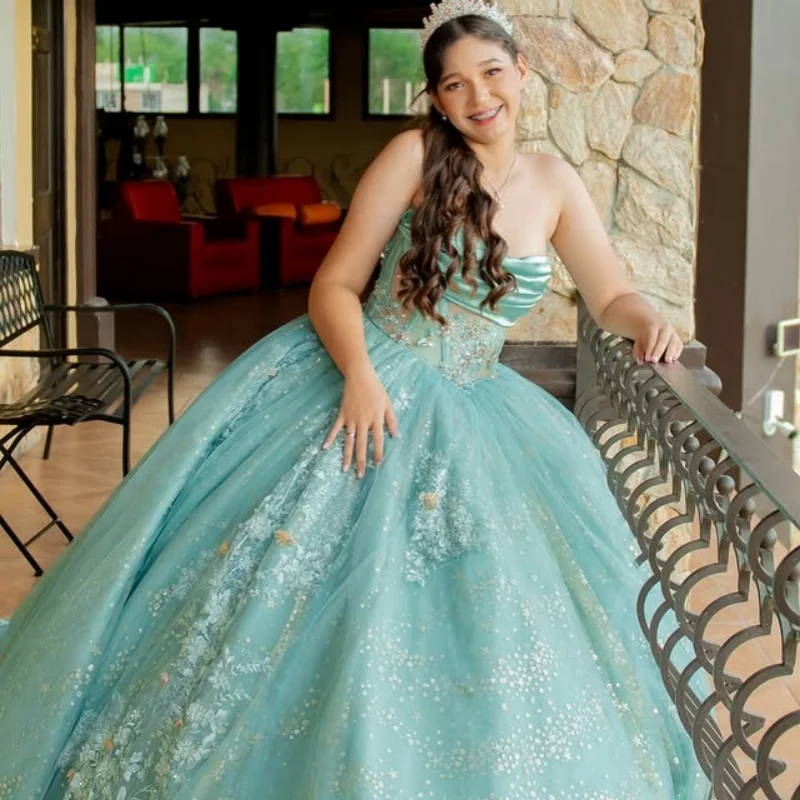 

Shiny mint green Quinceanera Dress off-shoulder glitter flower decal Long tail vestidos de 15 Quinceanera ﻿Customize