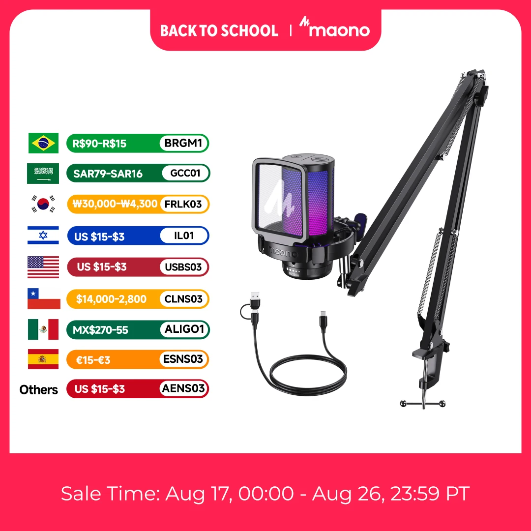 Microfone Gamer MAONO DGM20S USB Condensador com Luz RGB, Cancelamento de Ruído e Braço Articulado para Transmissão ao Vivo e Podcast