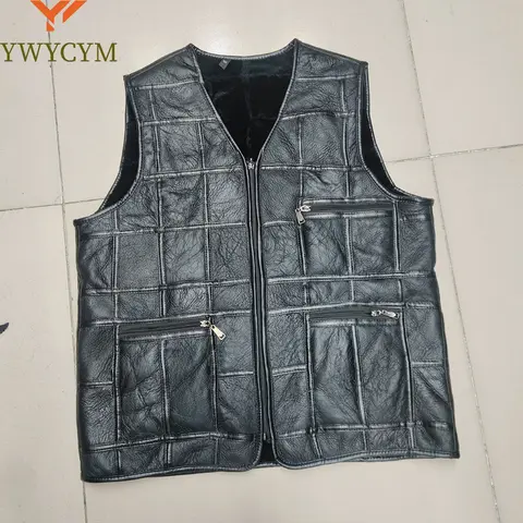 2025 Tjock Motorcykelväst Flerficksdragkedja Äkta Fårskinn Äkta Läderväst Herr Svart Väst Herr Ärmlös Jacka 10 best sales väst med flera fickor - №7
