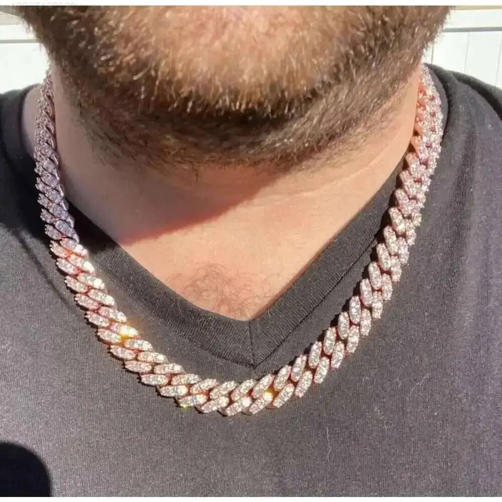

Кубинское ожерелье из розового золота 14 карат, цепочка в стиле хип-хоп, ювелирные изделия, тест на бриллиант, 12 мм, кубинское ожерелье с муассанитом и бриллиантами