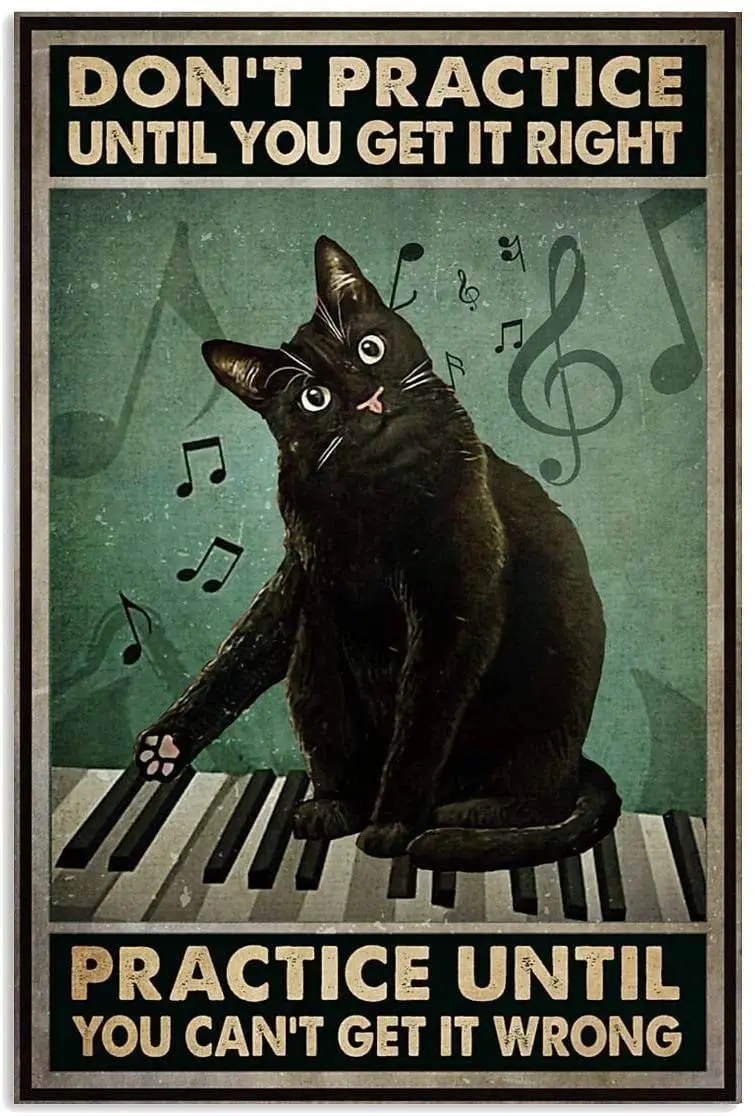 Оловянные знаки в винтажном стиле, не Тренируйтесь, пока вы не получите правильный плакат, забавная черная кошка, пианино, подарки для влюбленных, вертикальный плакат, Артикул