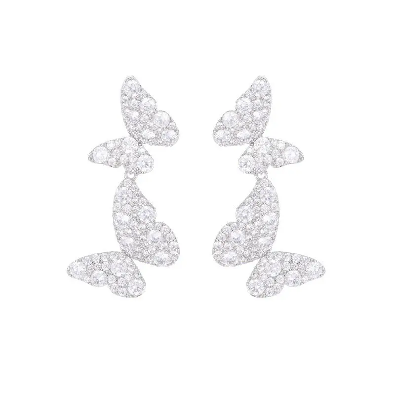 Pendientes de mariposa doble de diamante exquisito para mujer, aguja de plata 925, temperamento de lujo ligero, diseño de interés especial que combina con todo