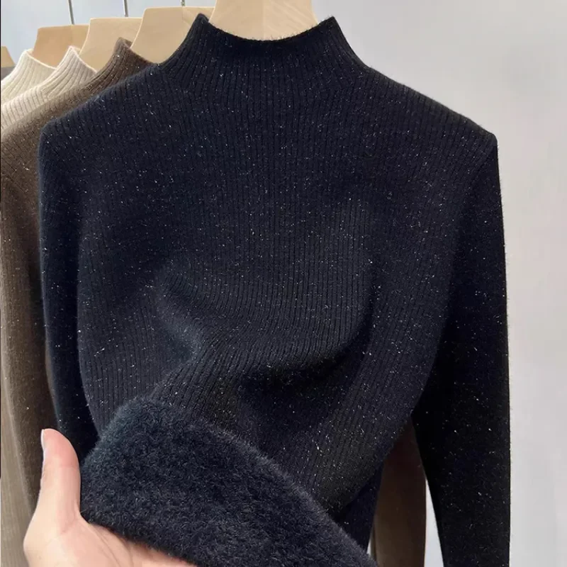 Half High Neck Sweater for Women Autumn and Winter Knitted Sweater with Added Velvet and Thick Velvet for Warmth Top 136