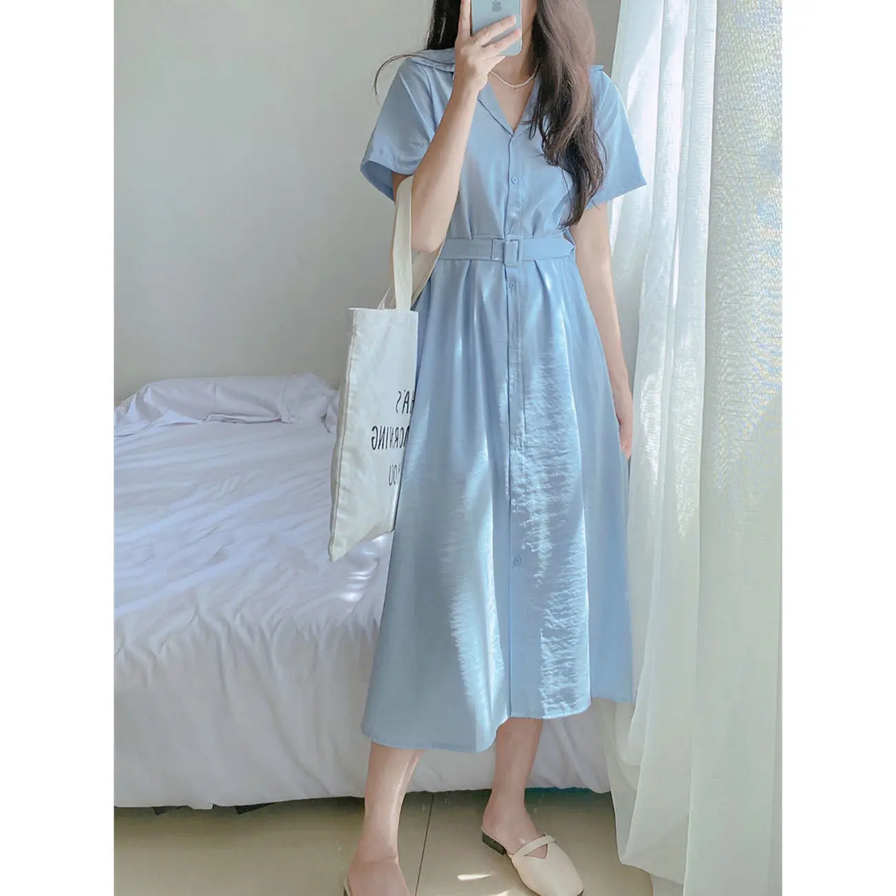 

Korean Blue Dress Summer New Short sleeved Slim Skirt