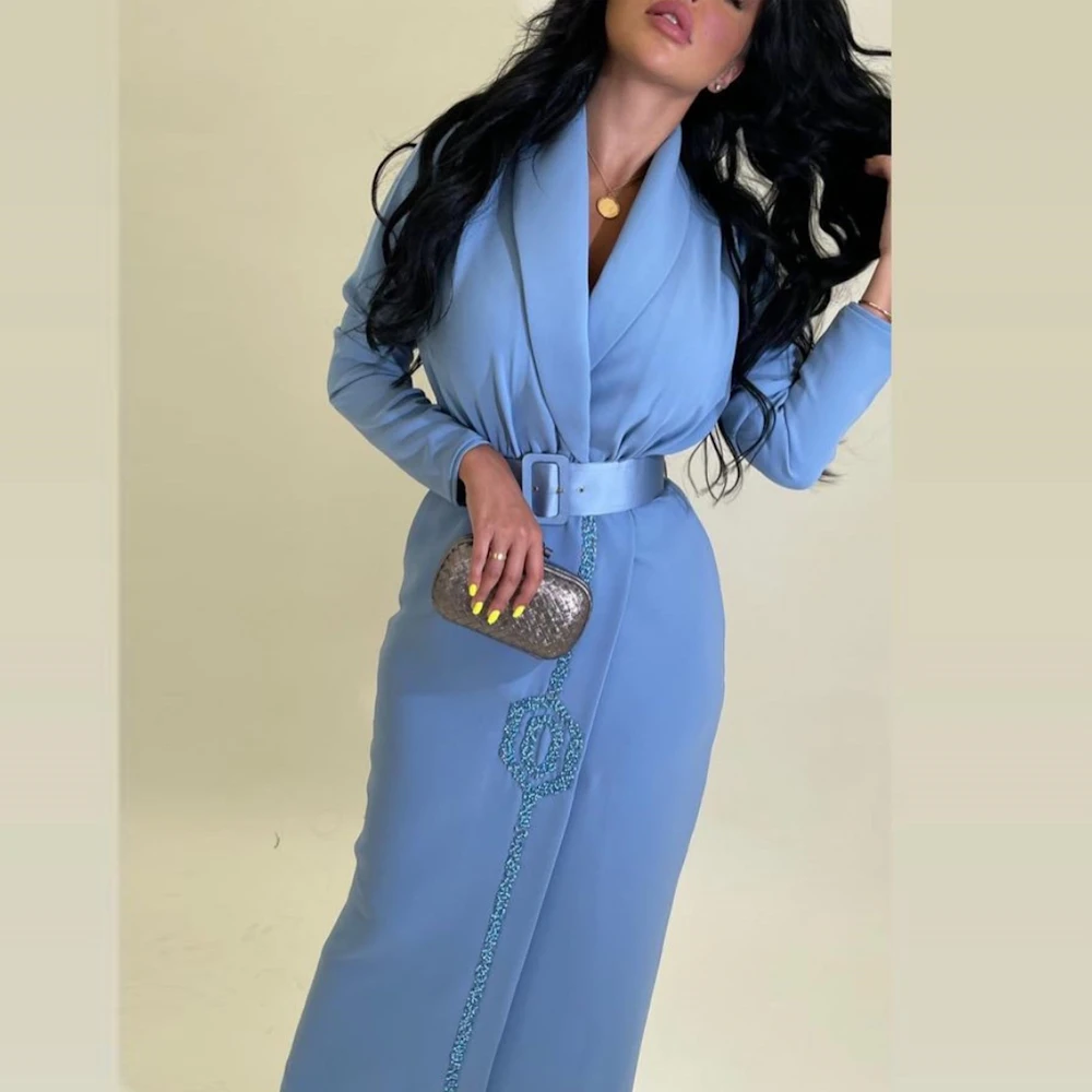 

ROSELLA Blue V Neck Suit Collar Women Special Events Dress Ankle Length with Belt Mermaid Saudi Formal Evening Dress New 2023