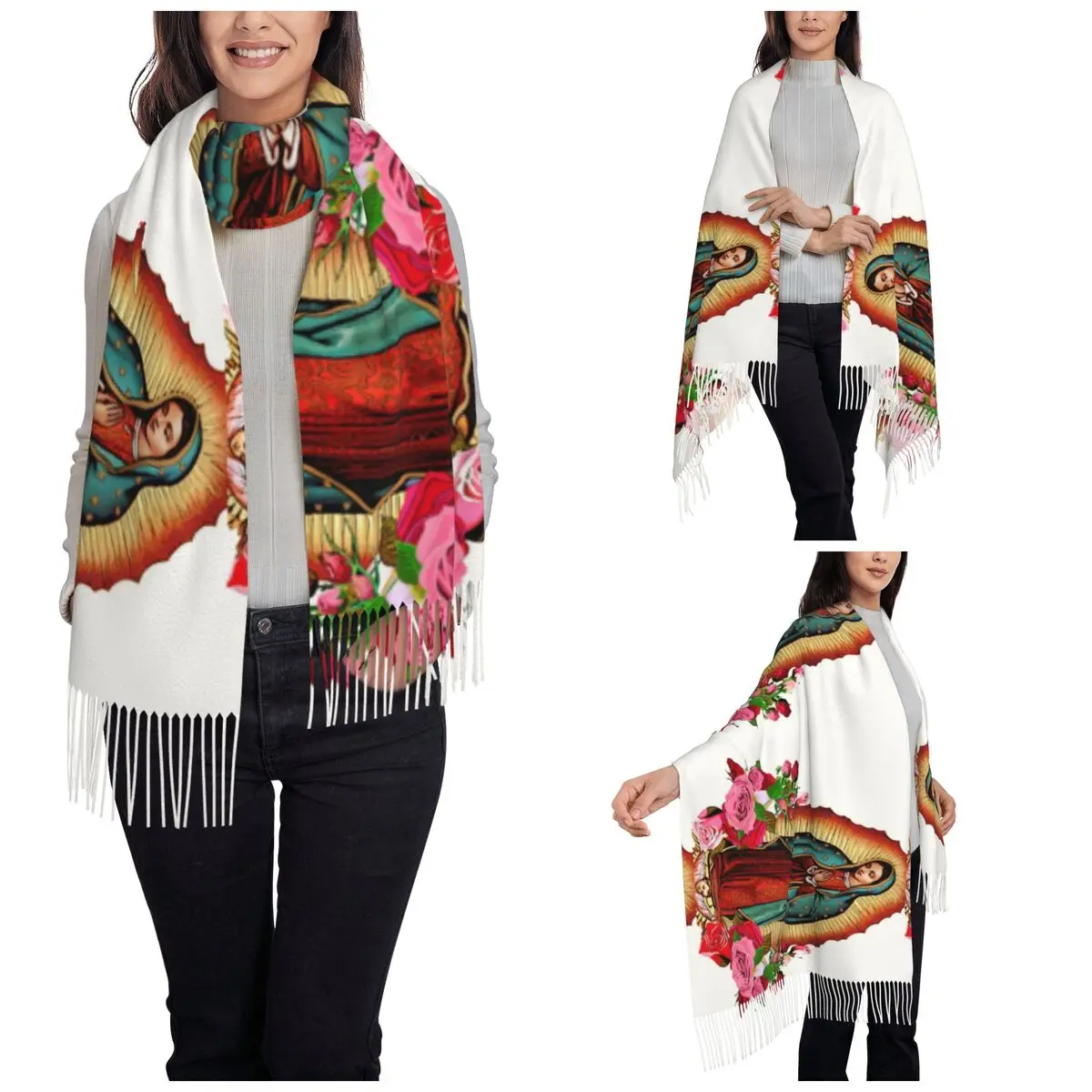 Our Lady Of Guadalupe Scarf for Women Warm Winter Pashmina Shawl Wrap Virgin Mary Long Large Scarves with Tassel Daily Wear