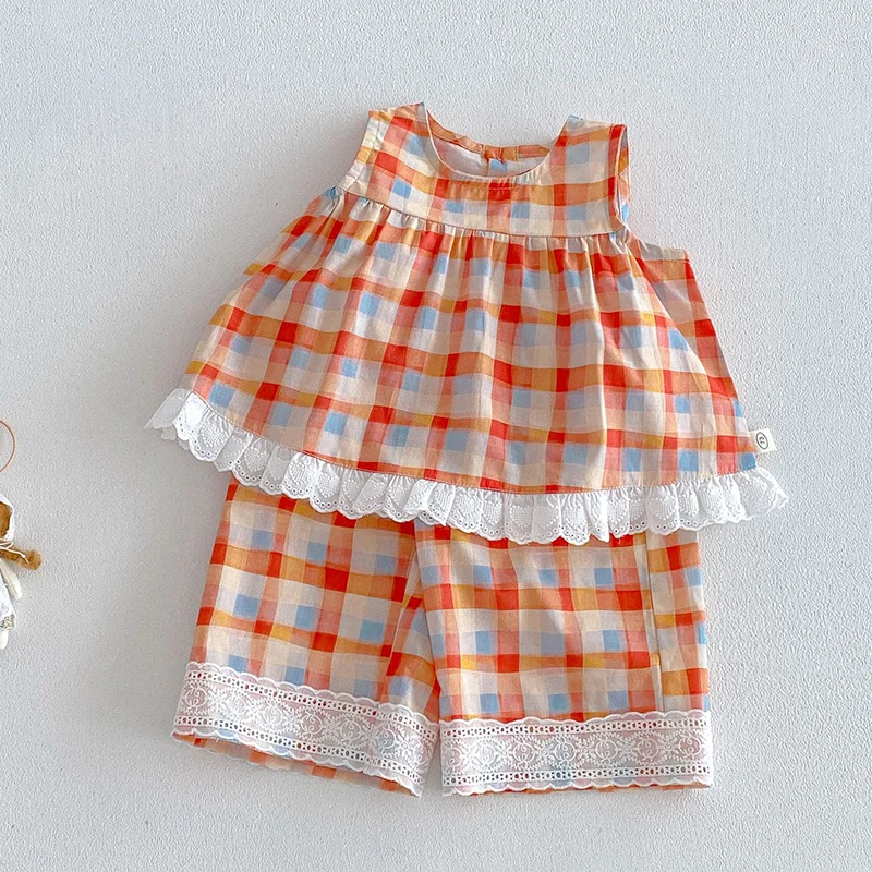 2026 New Summer  Baby Girls Clothing Set Sleeveless cotton plaid vest + pants 0-5Yrs Children Clothes Suit