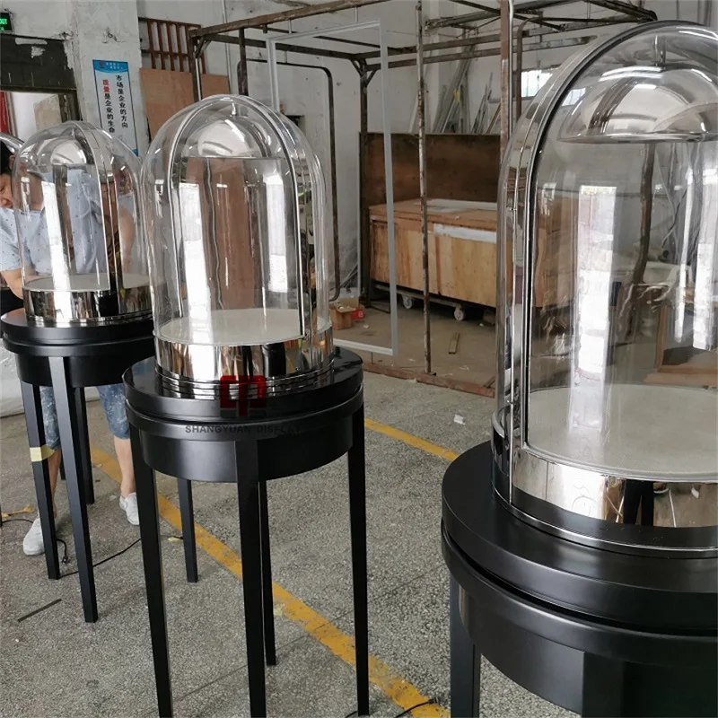 Lemari Pajang Perhiasan Kaca Mewah Model Baru, Bentuk Bulat, dengan Lampu LED