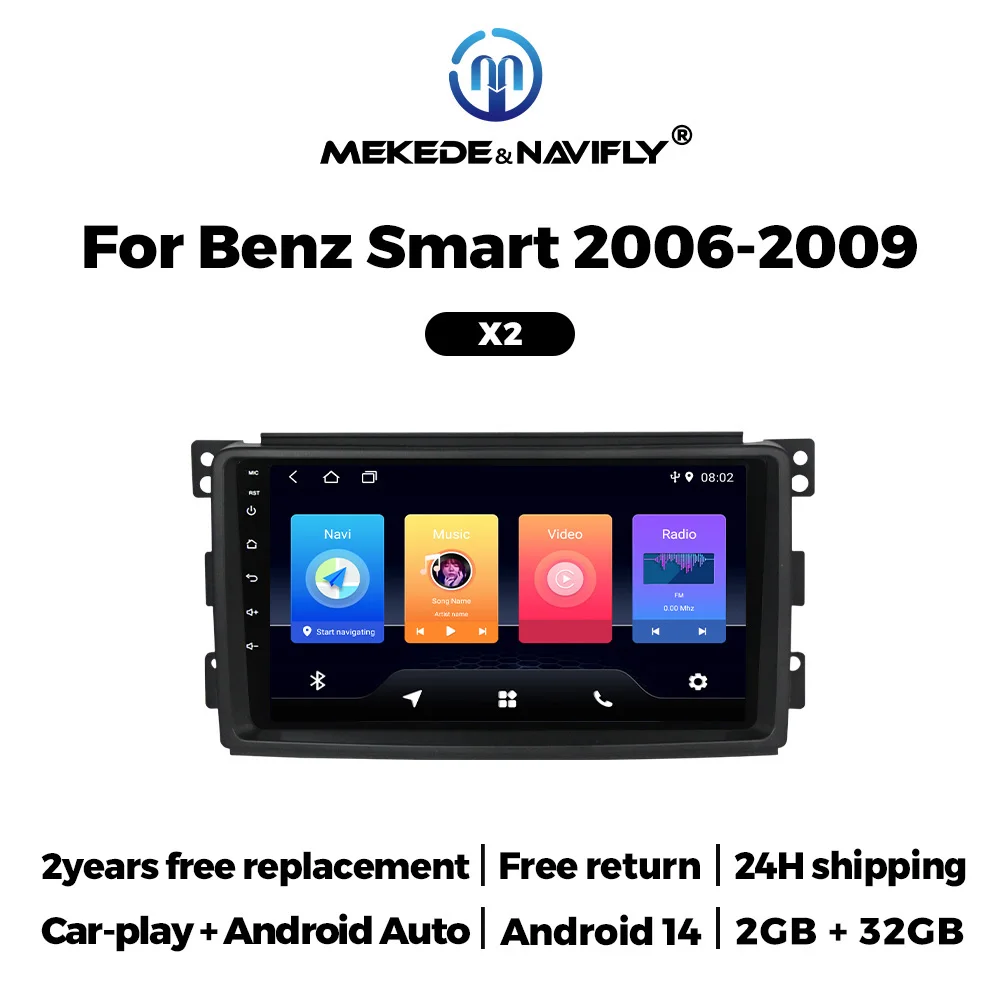 Android 14 Intelligent Car Radio System For Mercedes Benz Smart Fortwo 451 2005-2015 Car Radio GPS Navigation 2 Din Multimedia