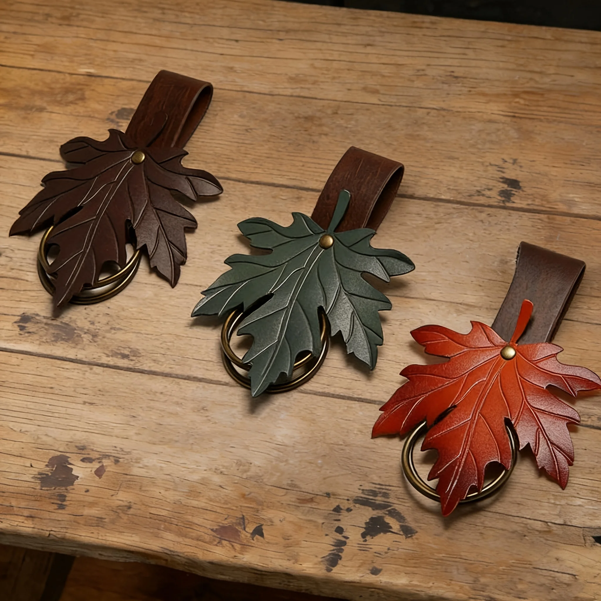 Vintage Maple Leaf Leather Keychain Bag Charm Handmade Style Autumn Leaf Pendant Retro Brass Key Ring Fall Gift for Men Women