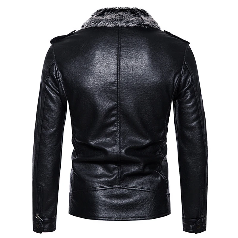 Winter Faux Leather Jacket Men Fur Fleeece Turndown Collar Motorcycle Jackets Fashion Casual Multiple Pockets Slim Fit Coat Male