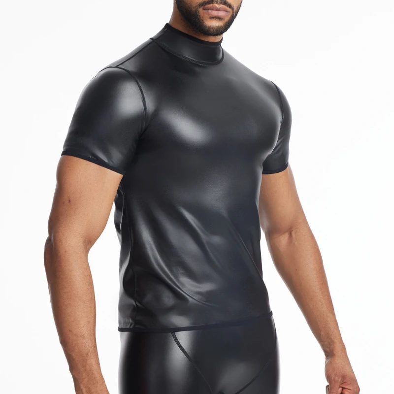 New Men Stand collar Body Shaper T-Shirt Faux Leather Short Sleeve Tops Slimming Shirt Waist Trainer Leather Shapewear Underwear