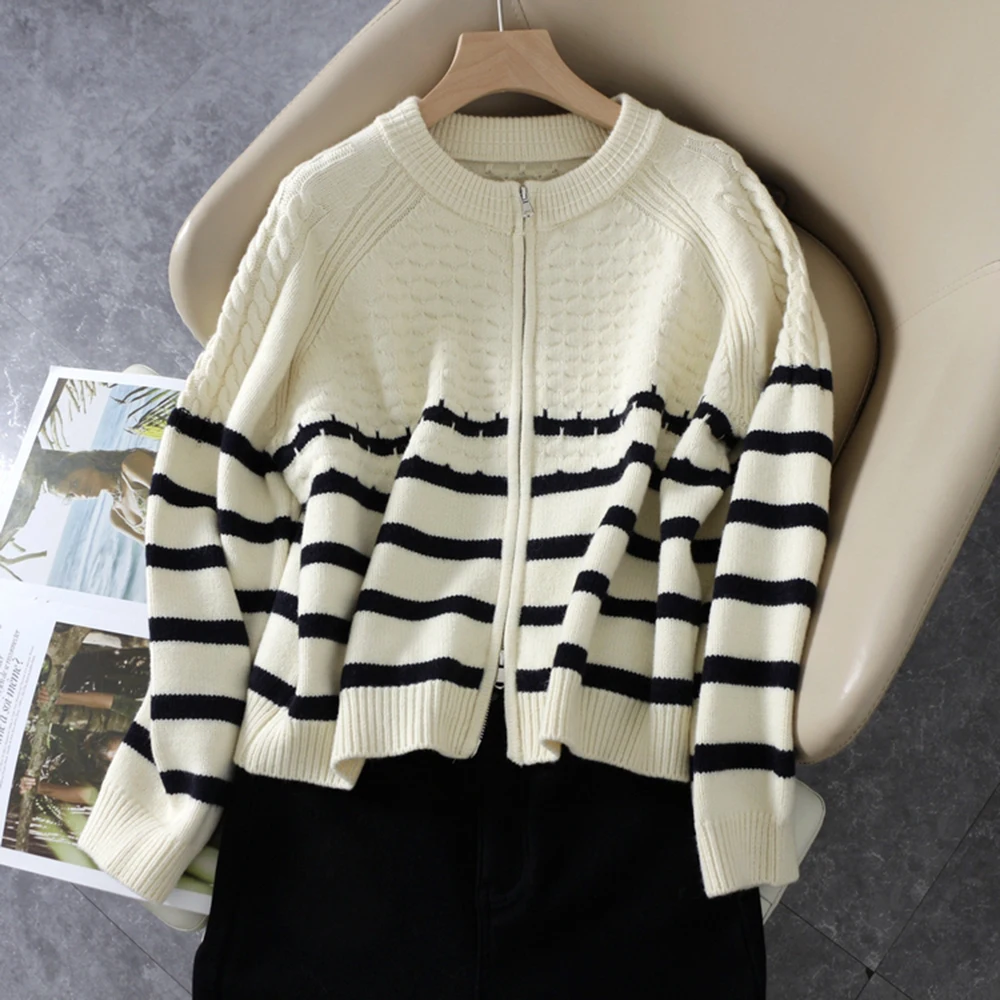 

Simple Striped Women Cardigan Coat Contrast Color Long Sleeve Round Collar Zipper Knits Jacket Female Autumn Winter Warm Tops