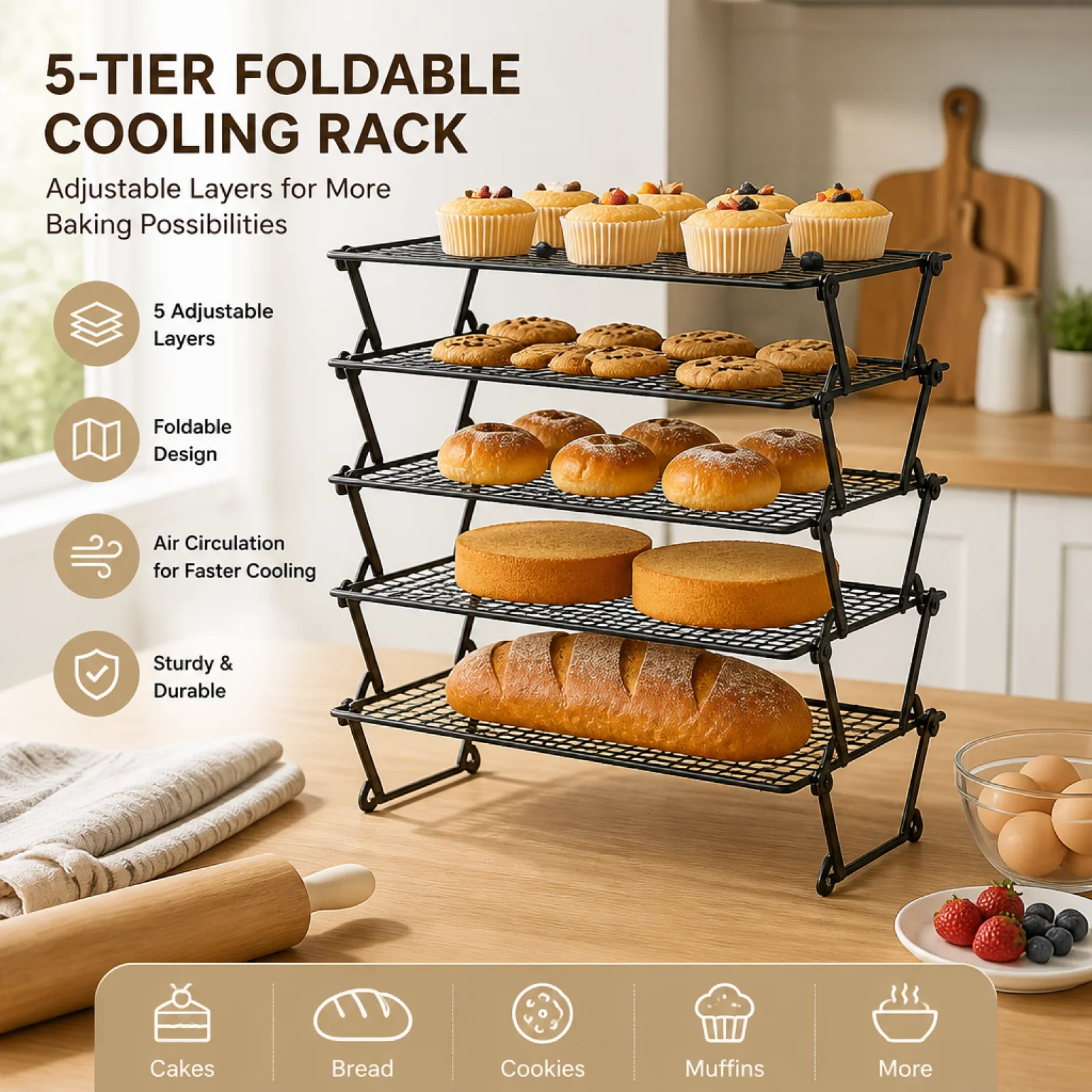 Foldable Cooling Rack Space Saving Adjustable Multi Tier Stand for Kitchen Bakery Cake Pastry Cooling
