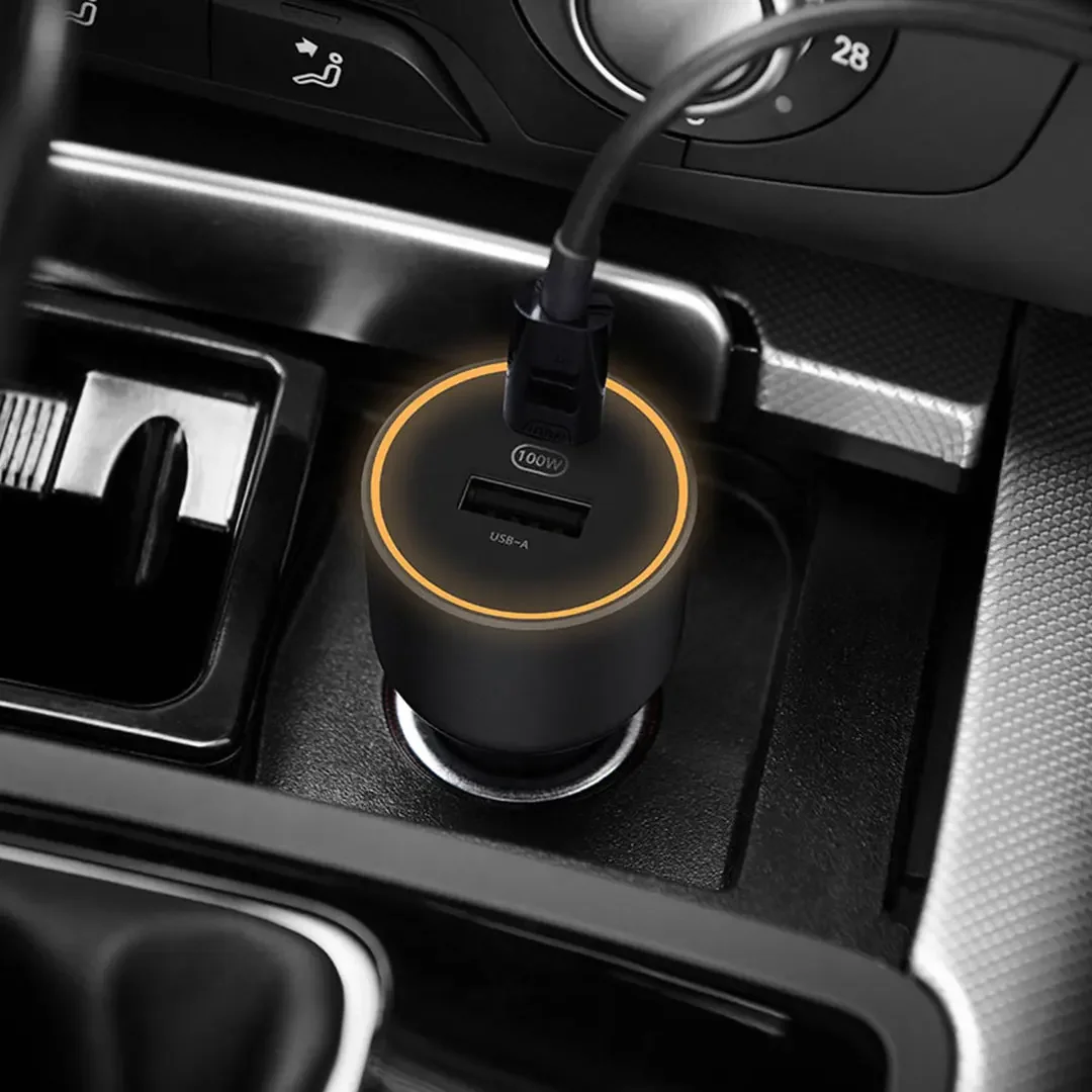 Xiaomi 100W Car Charger Dual USB Quick Charge Mi Car Charger USB-A USB-C Dual Output LED Light With 5A Cable