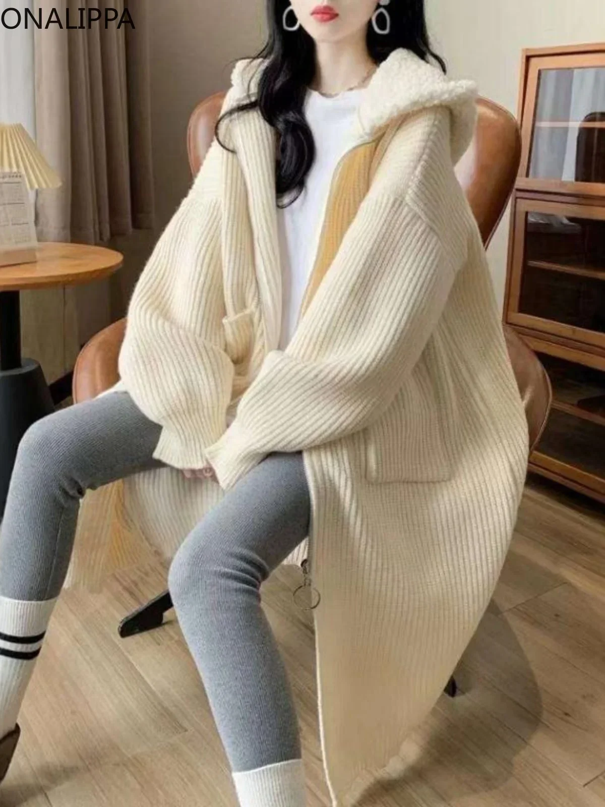 Onalippa Hooded Zip Up Long Cardigan Women Thick Patchwork Pit Striped Oversized Cardigans Korean Chic Design Casual Sweaters