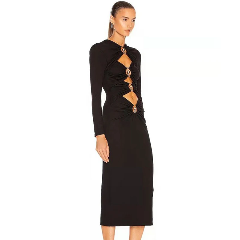 MSMUSI 2024 New Fashion Women Sexy Black Becket Hollow Out Long Sleeve Cut Out Bandage Party Club Bodycon Slim Event Midi Dress