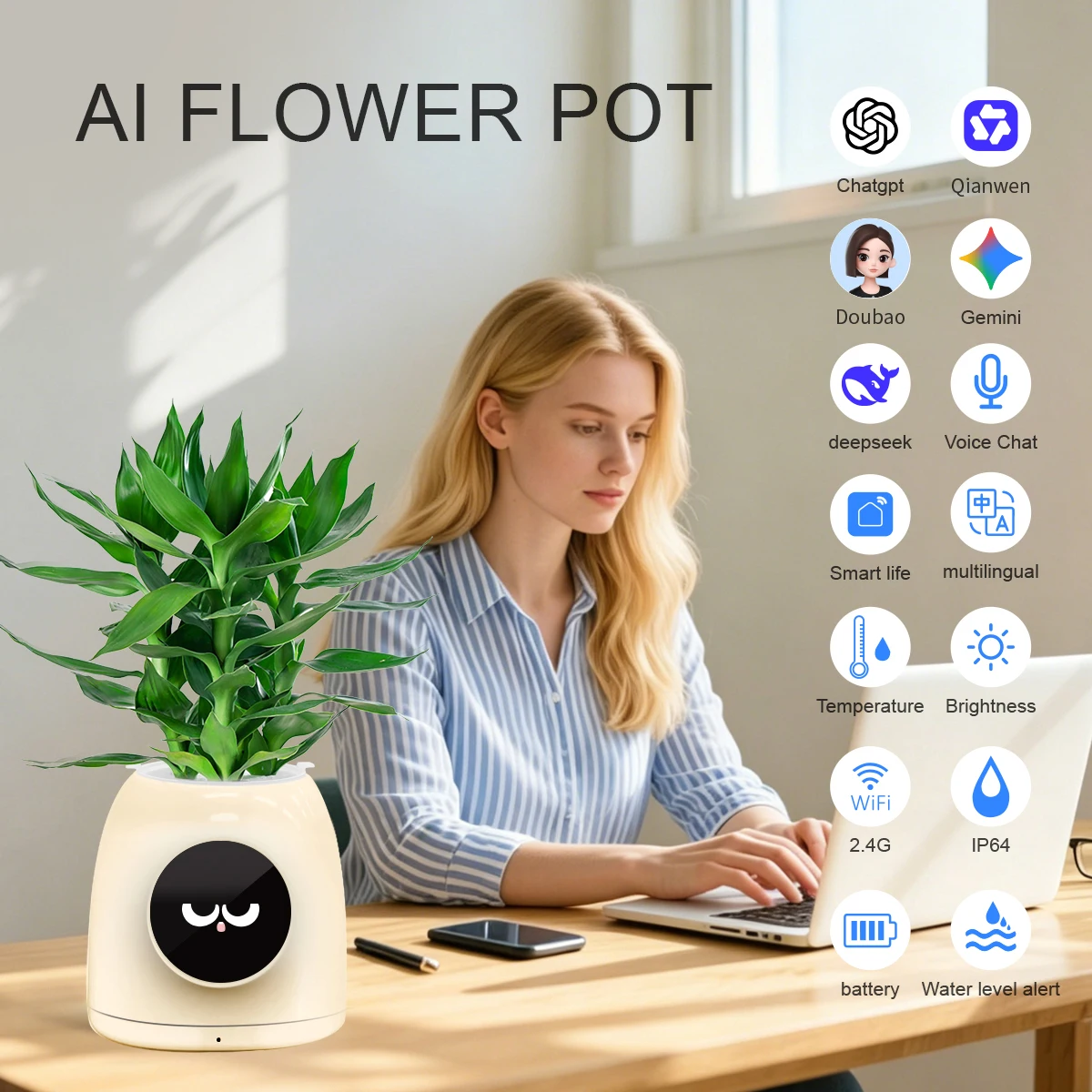 LINCUKOO Tuya Smart AI Blumentopf Gen1 Desktop WiFi-Pflanzgefäß, Erweiterte KI-Sprachsteuerung mit ChatGPT Gemini Tuya Geräteverknüpfung – Detail 1