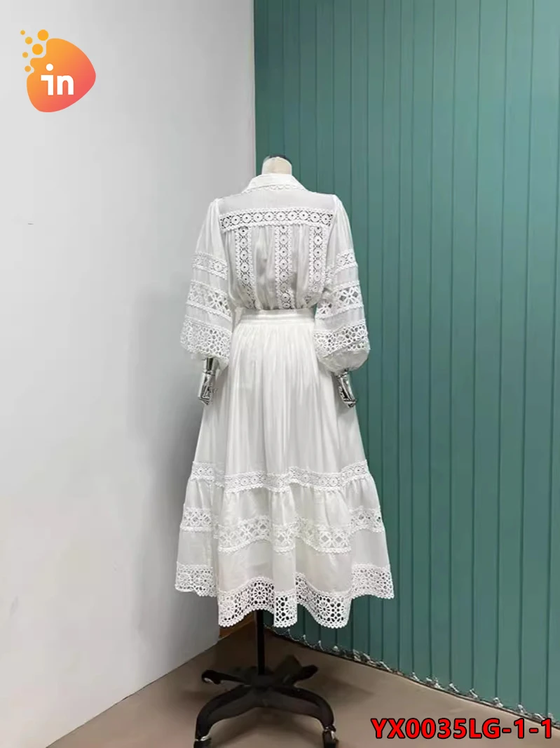 New fashion all-match lapel stitching lace lantern sleeve shirt + high waist skirt suit-YX0035LG