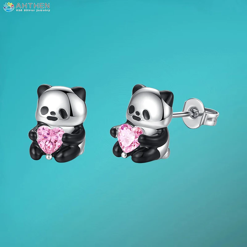

Ahthen 925 Sterling Silver Stud Earrings Niche Panda Heart Zirconia Hoop Earrings Fashion Women Jewelry Gift