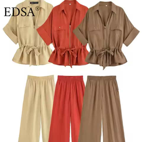 EDSA Women Safari Style Pants Set V-Neck Shirt-style Long Sleeves with Front Zip High Waist Long Straight Trousers Suits