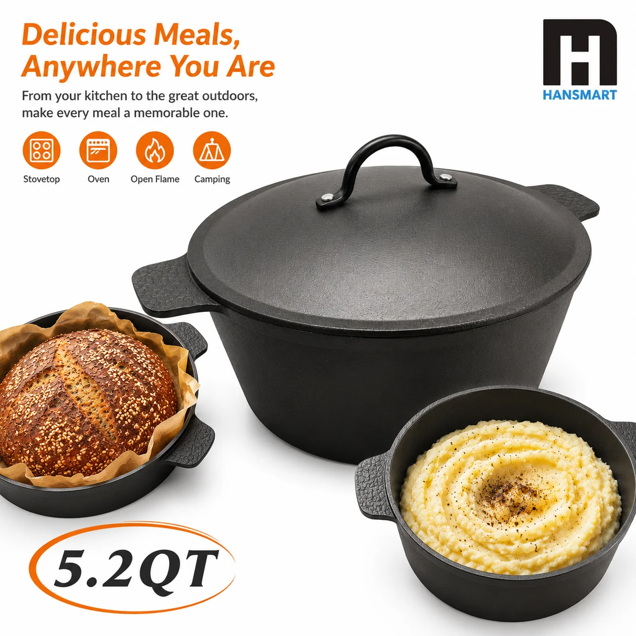 Camping Cooking Dutch Oven - HANSMART 5.2Qt Lightweight Cast Iron Dutch