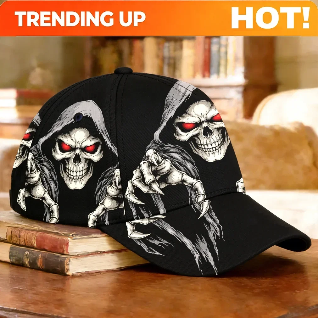 Customization 1pc-2D Print Red Eye Hooded Grim Reaper Skull Art Pattern Baseball Cap Comfortable Casual Wear Dancing Simple Peak