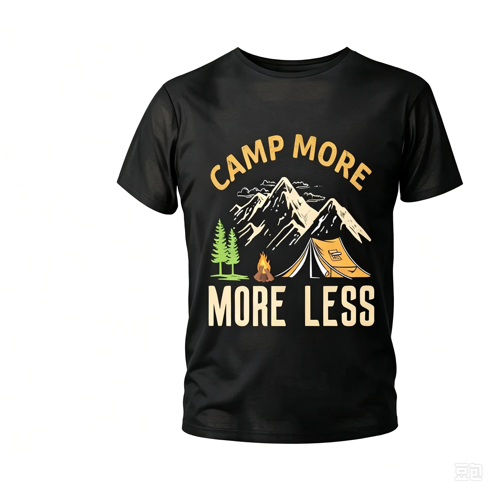 Men Short T-Shirt Funny Camp More Worry Less Quote Graphic Tee Printed Black Top for Outdoor Adventure Hiking Casual Wear