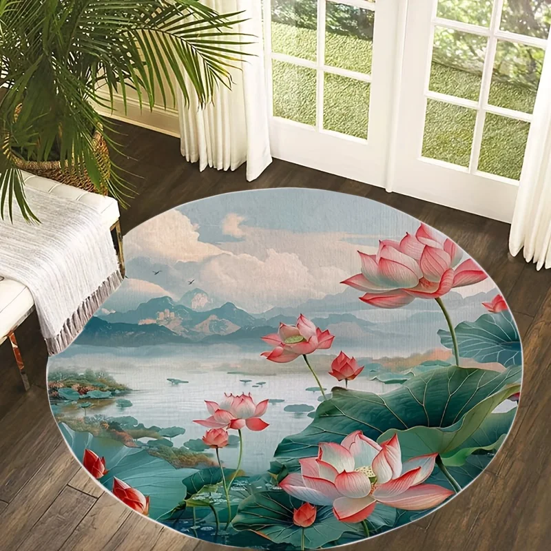 Retro Lotus Pond Moonlight Round Rug – Machine Washable Non-Slip Mat for Living Room or Bedroom