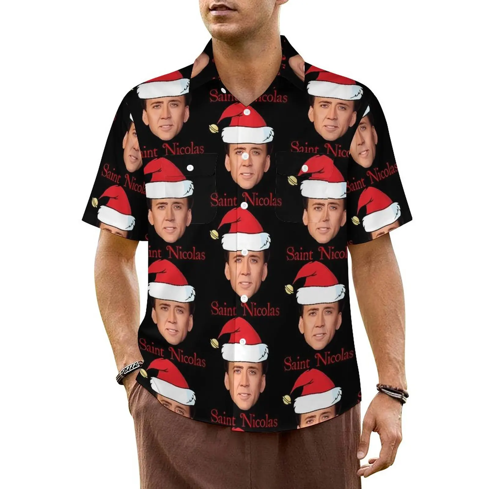 Hawaiian Shirt Beach Saint Nicolas Cage Blouses Christmas Cool Casual Shirts Male Short Sleeve Harajuku Oversized Tops