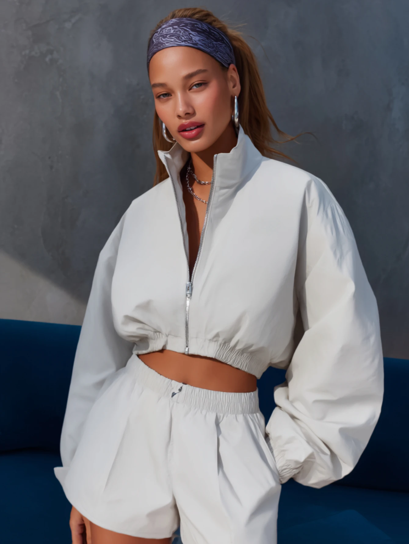 

Mia Muse Select Women's Sets Autumn Chic Plain Zipper Cropped Open Front Puff Sleeve Stand Collar Short Casual Shorts Sets