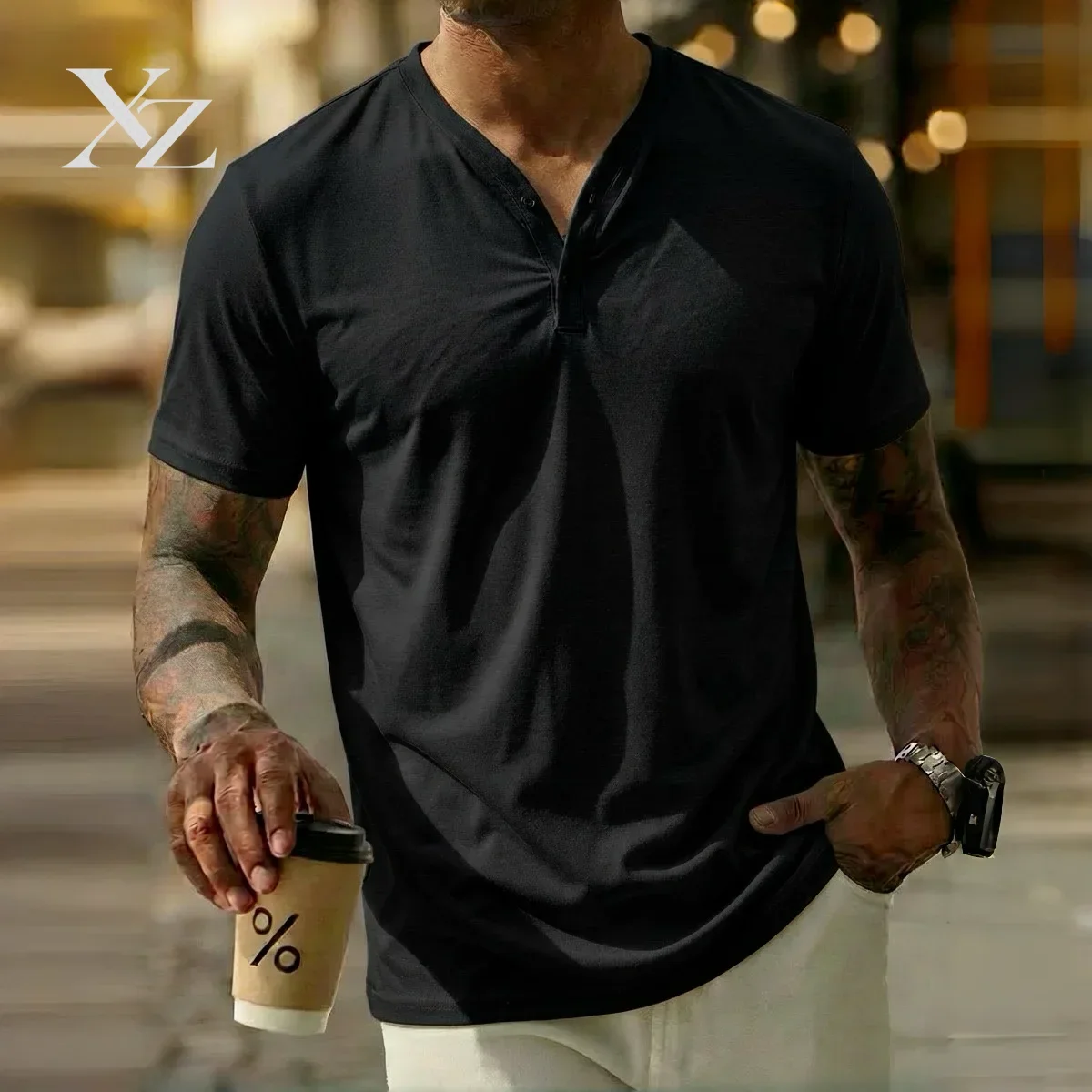 Men's Solid V-Neck Henley Polo Shirt, Short-Sleeved Casual Button-Down Placket T-Shirt, Everyday Commuting Base Layer